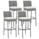 Set of 4 patio wicker barstools with soft seat cushions and cozy footrests, ideal for backyard or poolside use.