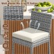 Gray PE rattan barstool with soft seat cushion, cozy footrest, and breathable design for outdoor patio use.