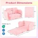 2-in-1 folding kids couch in pink with blanket, showing dimensions for sofa and lounger, ideal for reading and napping.