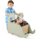Wooden baby push walker in green dinosaur shape with pine wood handle, used as a toy storage organizer for toddlers.