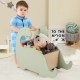 Dinosaur-shaped wooden baby push walker in green with pine wood handle, serving as a storage organizer for toys.