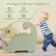 Wooden baby push walker in green with dinosaur design, featuring a pine wood handle for toddlers to develop motor.