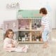 Kids wooden dollhouse with double-sided roofs, featuring various rooms and furniture for imaginative play.