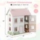 Three-level pink wooden dollhouse with removable roofs, featuring detailed rooms and furniture for imaginative play.