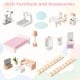 Colorful wooden dollhouse furniture and accessories set, perfect for imaginative play and DIY fun for kids aged 3+.