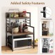 3-tier microwave stand in rustic brown with heavy-duty metal frame, featuring open shelves and anti-tipping safety.