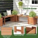 Teak oil finish raised garden bed with built-in bench, featuring slatted seat and stable H-shaped legs for outdoor use.