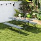 Gray 6-foot plastic folding bench with handle, accommodating up to 4 people, ideal for outdoor picnics and camping.
