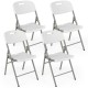 Four white folding stackable chairs with metal frame, ergonomic backrest, and carrying handle for easy portability.