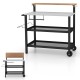 Rolling bar cart with flip-up table, black metal frame, and wooden top, ideal for kitchen and outdoor use.