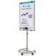 Height-adjustable mobile whiteboard with round stand, 40x26 inches, ideal for presentations and teaching activities.