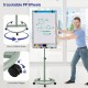 Height-adjustable mobile whiteboard with round stand and 5 lockable wheels, perfect for office or classroom use.