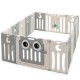 16-panel beige baby activity center play yard with lock door and cute owl design, providing a safe play space for.