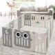 16-panel beige baby activity center play yard with owl design, adjustable shapes, and safety lock for secure play.