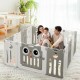 14-panel beige baby playpen with cute owl design, foldable for easy storage, providing a safe play area for infants.