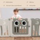 14-panel beige baby playpen with owl design, featuring a lock door and non-toxic HDPE material for safe play.