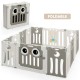 Foldable 14-panel baby playpen in beige with cute owl design, featuring a secure lock door for safety and easy storage.