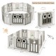 14-panel beige baby playpen with lock door, foldable design, and cute owl pattern for safe playtime activities.