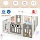14-panel beige baby playpen with lock door, non-slip mats, and cute owl design for safe play and easy storage.
