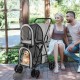 4-in-1 gray double pet stroller with detachable carriers, featuring mesh windows and EVA wheels for easy travel.