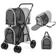 4-in-1 double pet stroller in gray with detachable carriers, mesh windows, and EVA wheels for versatile pet transport.