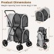 4-in-1 double pet stroller in gray with detachable carriers, showcasing dimensions and foldable design for easy.