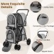 4-in-1 double pet stroller in gray with detachable carriers, padded handles, and safety belts for secure travel.