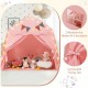 Extra large pink kids play tent with string lights, featuring two windows and convenient fixing ties for outdoor fun.