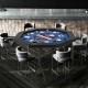 Octagonal 48-inch foldable poker table with padded rails and cup holders, perfect for 6-8 players during card games.