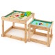 Wooden sand and water tables for kids, made of natural fir wood, featuring a protective cover for backyard play.