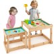 Wooden sand and water tables for kids, made of natural fir wood, ideal for backyard play and enhancing social skills.