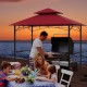 Outdoor double-tiered grill gazebo canopy in red with shelves and hooks, ideal for patios and backyard cooking.