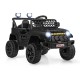 Black 12V kids ride-on truck with parental remote, LED lights, and large anti-slip tires for outdoor fun.