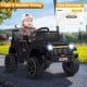 Black 12V kids ride-on truck with parental remote, LED lights, and large anti-slip tires for safe outdoor fun.