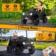 Black 12V kids ride-on truck with parental remote, featuring large tires, LED lights, and music player for outdoor fun.