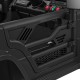 Close-up of the right-side panel of the black 12V kids ride-on truck, featuring controls for speed and music.