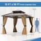 12 x 10 feet hardtop gazebo with waterproof galvanized metal roof, netting, and curtains for outdoor protection.