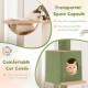 Transparent space capsule and cozy cat condo on an adjustable floor-to-ceiling cat tree for secure lounging and play.