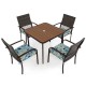 Square table with four cushioned rattan armchairs, perfect for outdoor dining and relaxation in your backyard or patio.
