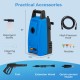 Electric pressure washer in blue with 1900 PSI, 1.8 GPM, and 4 quick connect nozzles for versatile cleaning tasks.