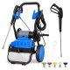 Electric pressure washer in blue with wheels, 2300 PSI, 5 quick connect nozzles, ideal for versatile cleaning tasks.