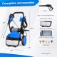 Electric pressure washer with wheels, 2300 PSI, 1.8 GPM, includes 5 nozzles and detergent bottle for versatile cleaning.