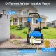 Electric pressure washer with wheels, showcasing various water intake options: faucet, pool self-priming, and bucket.