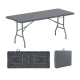 6 ft portable folding table with gray HDPE tabletop, sturdy metal legs, and convenient carrying handle for outdoor use.