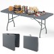 Portable 6 ft folding table with HDPE tabletop, gray finish, ideal for picnics and indoor use, supports 350 lbs.