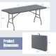 6 ft portable folding table in gray with HDPE tabletop, shown in open position with dimensions for versatile outdoor.