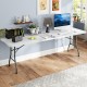 8 ft portable folding table with white HDPE tabletop, sturdy metal legs, ideal for picnics, camping, or indoor use.