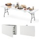8 ft portable folding table with HDPE tabletop, showcasing food and drinks, ideal for picnics and gatherings.
