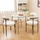 Set of 4 white boucle dining chairs with curved backrests and metal legs, ideal for dining rooms or living spaces.