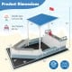 Pirate ship sandbox with canopy, bench seats, and storage compartments, designed for kids aged 3-8 years for backyard.